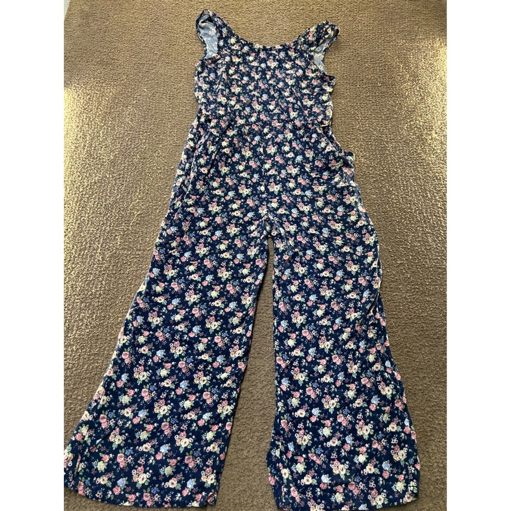 Copper Key Navy Blue Floral Wide Leg Jumpsuit Sleeveless Elastic Waist Womens L